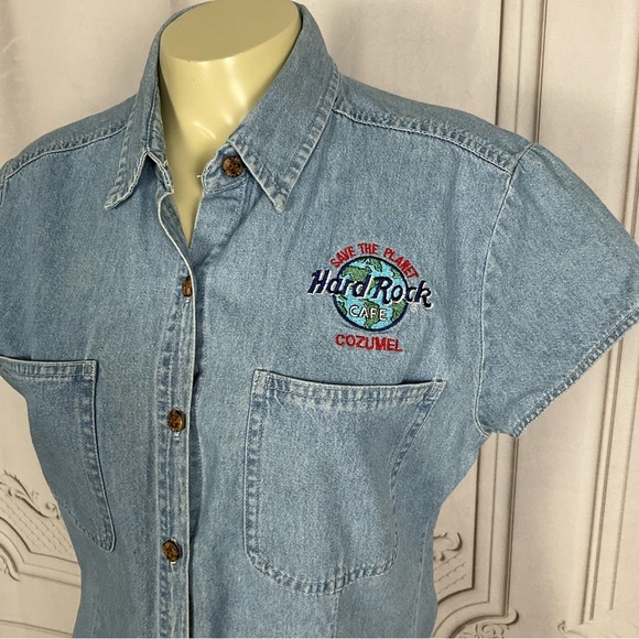 Vintage Hard Rock Cafe Cozumel Genuine Original Ladies Cap Sleeve Denim Top Lg - Picture 2 of 6